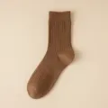 Men's brown ribbed wool blend mid-tube socks, warm winter business casual daily wear hosiery. - One Size (38-43) / Coffee