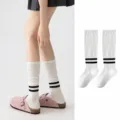 White athletic knee high socks for women, breathable summer sports socks with black stripes. - One Size / White
