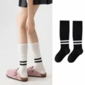 Women sports mid-tube socks black variant, sporty striped athletic casual socks footwear. - One Size / Black
