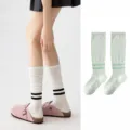 Green women sports calf socks, summer thin breathable athletic tube socks with stripes. - One Size / Green