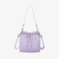 Detailed view of lavender frosted TPU jelly bucket bag featuring a drawstring closure - Purple