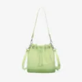 Close-up detail of frosted mint green TPU jelly bucket bag with drawstring closure - Green