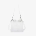 Detail of frosted white TPU jelly bucket bag featuring a drawstring and white strap - White