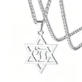Detail view of a silver stainless steel Star of David pendant with Hebrew amulet symbol - Star of David & Chai Silver