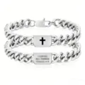 Close-up of stainless steel Cuban link bracelets with cross and Bible verse engraving - Philippians 4:13 Engraving / Silver