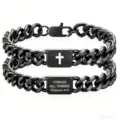 Detailed view of two black stainless steel Cuban link bracelets with cross and scripture. - Philippians 4:13 Engraving / Black