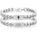 Men's stainless steel Cuban link bracelet with cross and Joshua 1:9 Bible verse engraving. - Joshua 1:9 Engraving / Silver