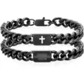 Black stainless steel Cuban link bracelet with cross and Joshua 1:9 religious verse - Joshua 1:9 Engraving / Black