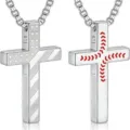 Men's stainless steel cross necklace with baseball stitch and US flag pattern engraved - Scripture 4:13 (XL20266271) / Silver