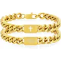 Gold stainless steel Cuban link bracelet with engraved cross and scripture plate - Joshua 1:9 Engraving / Gold