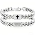 Silver stainless steel Cuban link bracelet for men with engraved cross and bible verse - Isaiah 41:10 Engraving / Silver