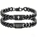 Black stainless steel Cuban link bracelet for men with cross and Bible verse engraving - Isaiah 41:10 Engraving / Black