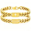 Men's gold stainless steel Cuban link bracelet with engraved scripture and cross - Isaiah 41:10 Engraving / Gold
