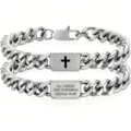 Men's silver stainless steel Cuban link bracelet with engraved cross and Bible verse - Matthew 19:26 Engraving / Silver