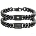 Men's black stainless steel Cuban link bracelet featuring cross and scripture plate - Matthew 19:26 Engraving / Black