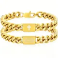 Gold-plated stainless steel Cuban link bracelet with cross and scripture plate detail - Matthew 19:26 Engraving / Gold