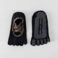 Black five toe yoga socks with leopard straps and non slip grip dots for pilates fitness. - One Size / Black