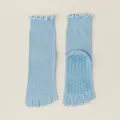 Women's light blue ruffle top five toe yoga socks with anti-slip grip soles for pilates fitness. - One Size / Blue