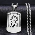Detail view of a stainless steel rectangular pendant with Arabic script on a rope chain. - Silver Arabic Plate - Rope Chain