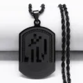 Close-up detail of black stainless steel dog tag necklace with Arabic etched pattern. - Black Arabic Plate - Rope Chain