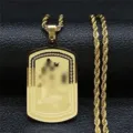 Detail of gold stainless steel dog tag necklace with intricate Arabic etched patterns - Gold Arabic Plate - Rope Chain