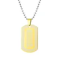 Detail view of gold and silver dog tag pendant with engraved Thai Five Lines script - Gold