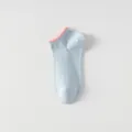 Women's cotton ankle socks, light blue low cut boat socks with pink ribbed cuff breathable. - One Size / Light Blue