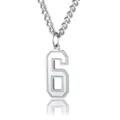 Close-up of stainless steel number 6 pendant with polished silver finish on chain - Number 6