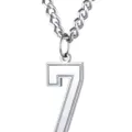 Detailed close-up of silver stainless steel necklace with a number 7 numeral pendant - Number 7