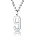Close-up detail of silver stainless steel chain necklace with number 9 pendant - Number 9