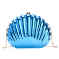 Elegant blue metallic shell-shaped evening clutch bag with detachable gold chain strap - Lake Blue