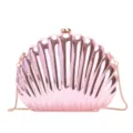 Elegant metallic pink shell-shaped evening clutch bag featuring a sleek gold chain strap - Champagne