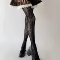 Black lace tights with vintage floral pattern, sheer hollow-out hosiery for women detail. - One Size / BC-5124 Black Vintage Floral Vine Vertical Striped