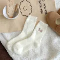 Cozy fluffy winter women socks with cute puppy embroidery warm home sleep slouch socks white - One Size / Pink Dog