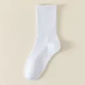 Plain white ribbed crew socks for women, classic solid color casual cotton hosiery basic style. - Crew Socks / Pure White