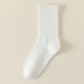 Solid white ribbed cotton crew socks for women, classic breathable summer casual daily wear. - Crew Socks / Milk White