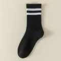 Classic black women's athletic socks featuring double white stripes, soft cotton, short crew. - Double Stripe Mid Tube / Black