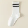 Women Classic Double Stripe White Cotton Sports Socks Casual Crew Sock Style Variant - Double Stripe Mid Tube / Milk White