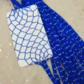 Detailed close-up of blue rhinestone fishnet tights, showcasing sparkling crystal mesh details. - One Size / BC-5066 Large Mesh Rhinestone Tights - Royal Blue
