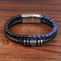 Stilvolles zweilagiges Lederarmband für Herren mit blauen und schwarzen Steinperlen - Zweilagiges Lederperlenarmband (A14803-Blue) / Schwarz/Blau