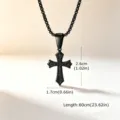 Detailed view of black stainless steel cross pendant showing exact dimensions and chain length - Pearl Chain Style / Black Cross + Bead Chain
