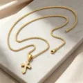 Golden stainless steel cross pendant necklace with textured diamond pattern for men - Pearl Chain Style / Gold Cross + Bead Chain