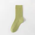 Solid light green ribbed crew sock, comfortable cotton daily casual knit hosiery for women. - One Size / Green