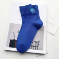 Blue cotton mid-calf socks for women, stylish casual daily wear with cute embroidery detail. - One Size / Sapphire Blue