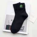 Black cotton mid-tube socks with green leaf embroidery, stylish casual socks for women. - One Size / Black