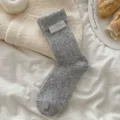 Cozy winter wool thick knitted mid-calf socks for women, warm folded cuff design with cute label. - One Size / Medium Grey