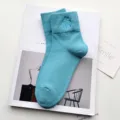 Comfortable cotton mid-calf socks with delicate leaf embroidery for women, stylish daily wear. - One Size / Lake Blue