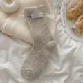 Thickened wool winter socks for women, cozy warm mid-tube slouch knit socks with cute label. - One Size / Light Coffee