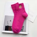 Dopamine bright pink mid-tube socks for women, cute green leaf embroidery casual cotton socks. - One Size / Rose Red