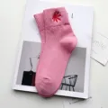 Womens pink crew socks with cute red embroidery, comfortable cotton socks for daily wear - One Size / Light Pink